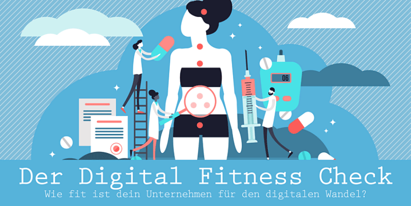 Das Bild lädt zum Digital Fitness Check ein: Back to Your Digital Future. Wie fit ist Ihr Un-ternehmen für den digitalen Wandel?