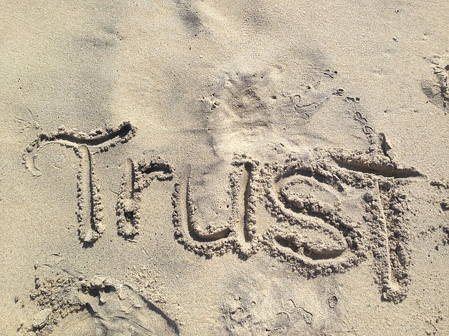 Das Bild zeigt das Wort Trust = Vertrauen, geschrieben im Sand.